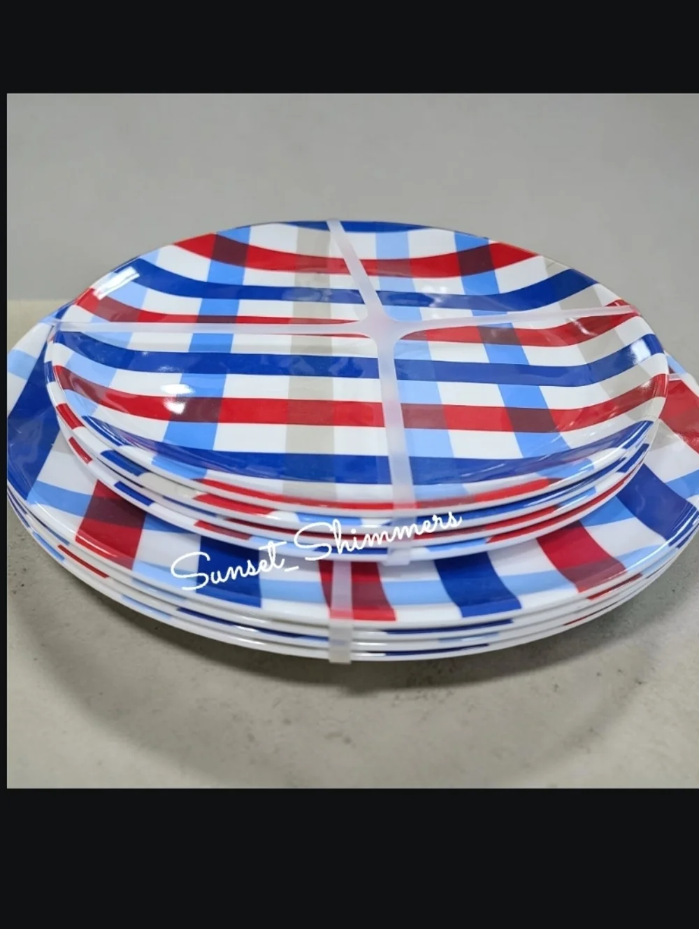 8pc Americana Red White Blue Picnic Plaid Melamine Dinner & Salad Plate Set New